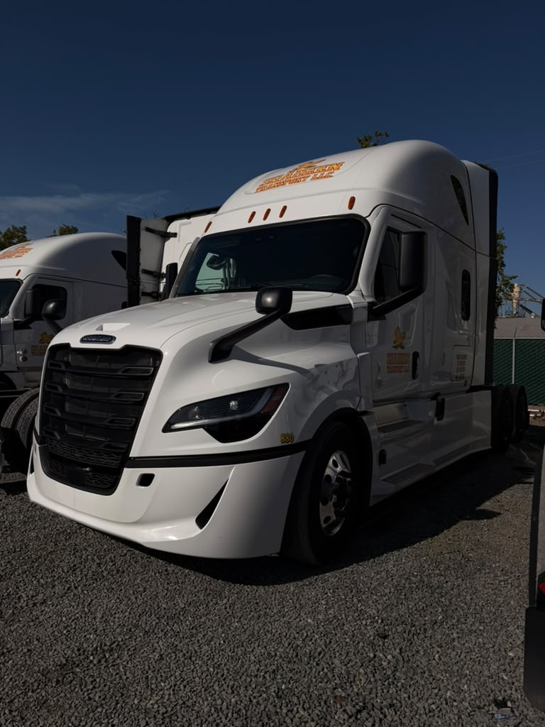 Close view of a Shaheen Transport white Freightliner tractor